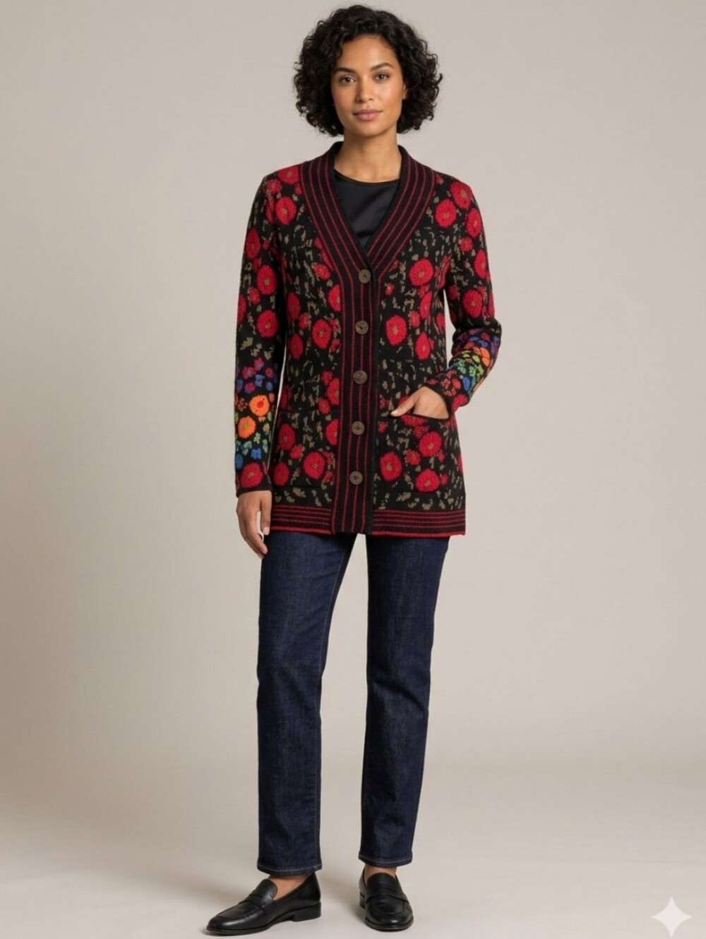 IVKO Red Poppy Intarsia Cardigan, Size M